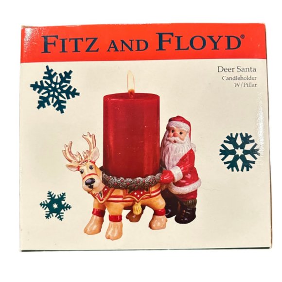 Fitz & Floyd "Deer Santa"  Christmas  Candleholder w Red Pillar Candle NIB - Picture 1 of 8